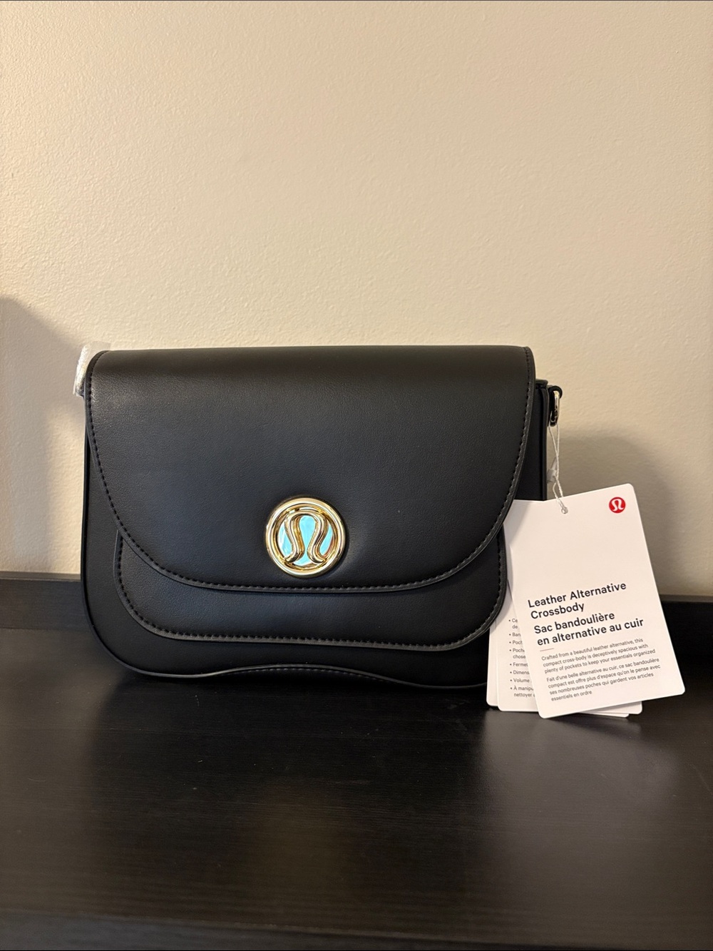 lululemon athletica Alternative Leather Black Crossbody Bag w/ Gold Logo Accent